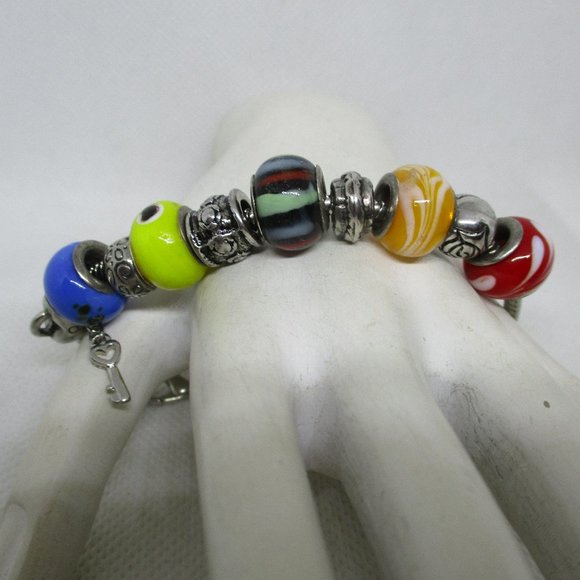 PANDORA STYLE LAMPWARK Glass Charm Beads Silver Tone Metal Heart And Key Charm - Picture 8 of 11